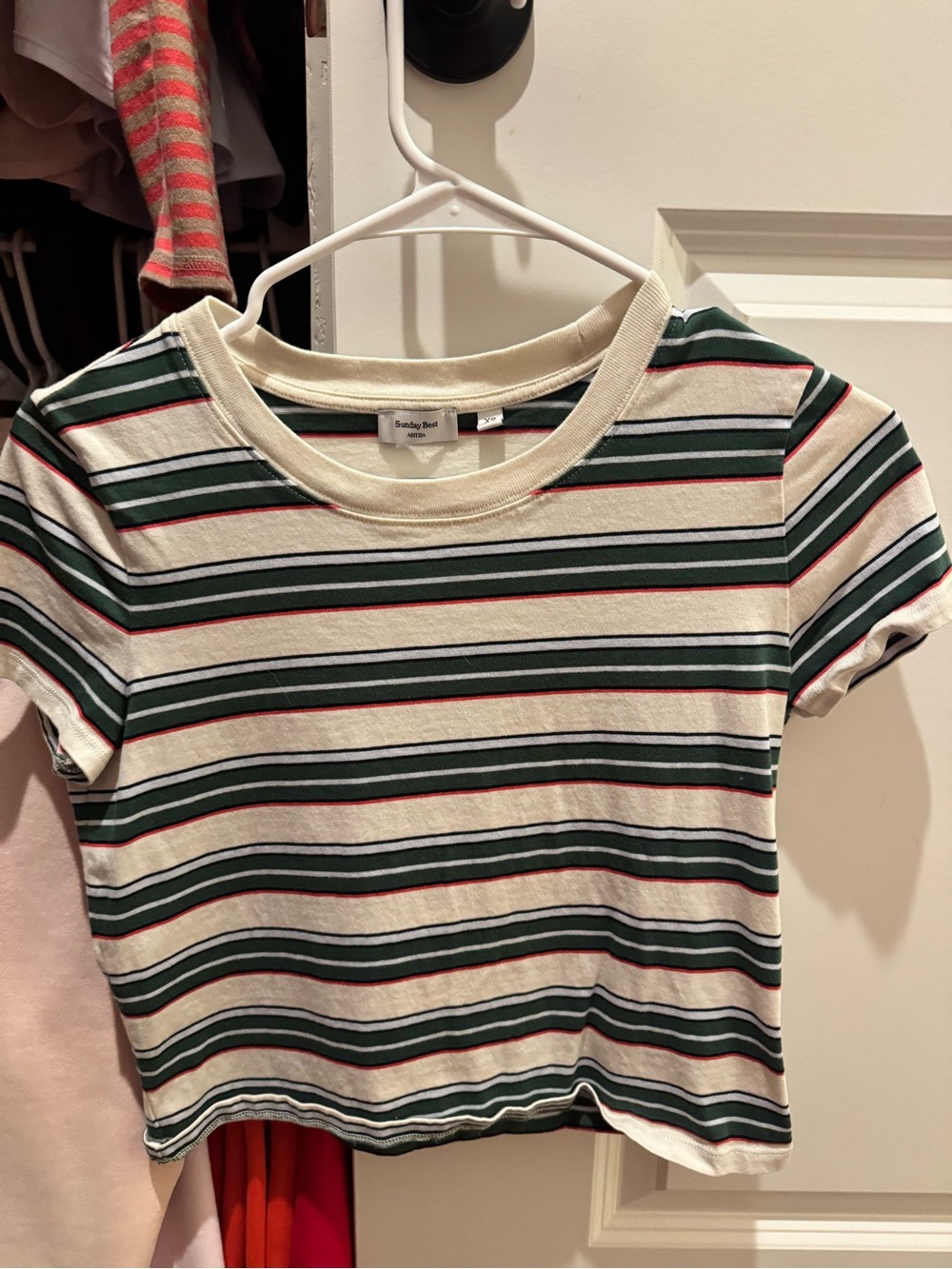 Sunday Best Cream Striped Crop Tee with Green and Red Stripes